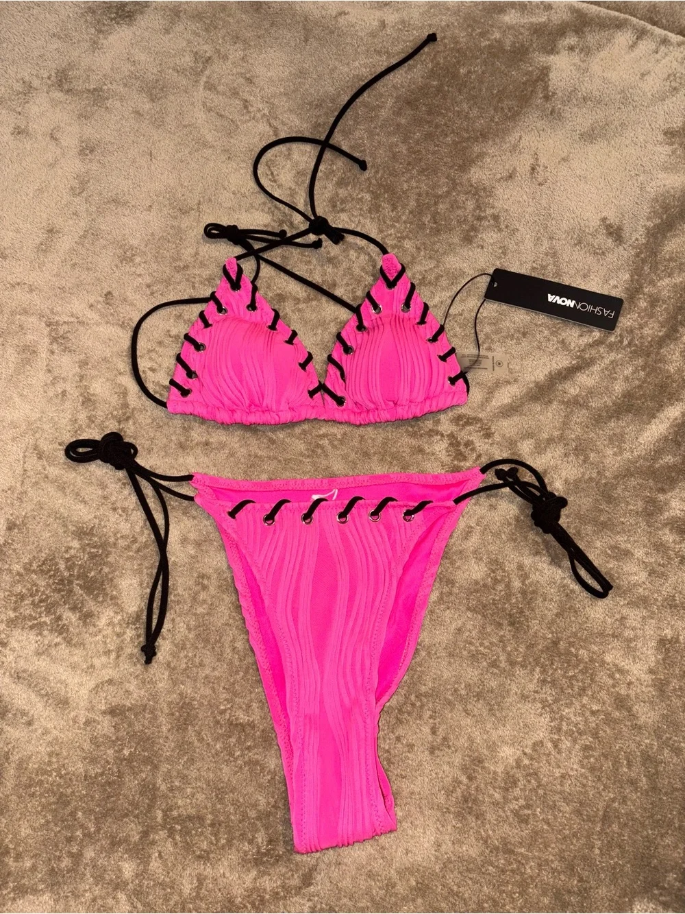 Fashion Nova Neon Pink Lace-Up Triangle Bikini with Black Ties